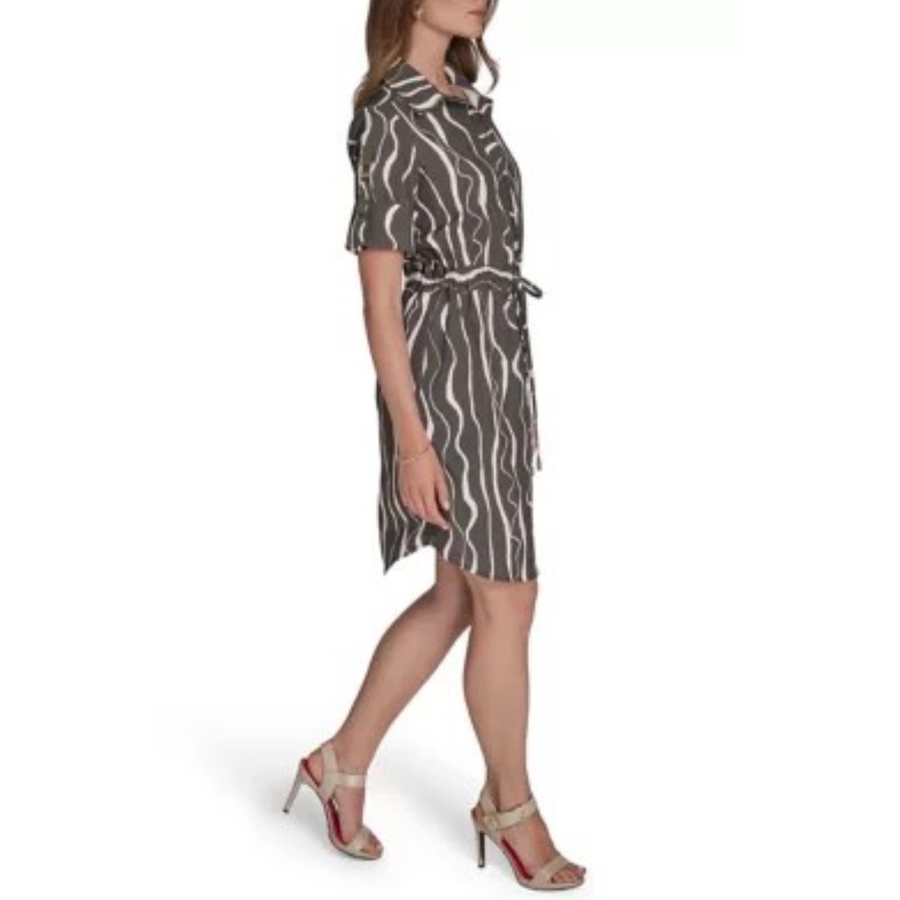 Halston Women Olive Wavy Print Button Down Shirt Dress Size 16 HD5EYD45